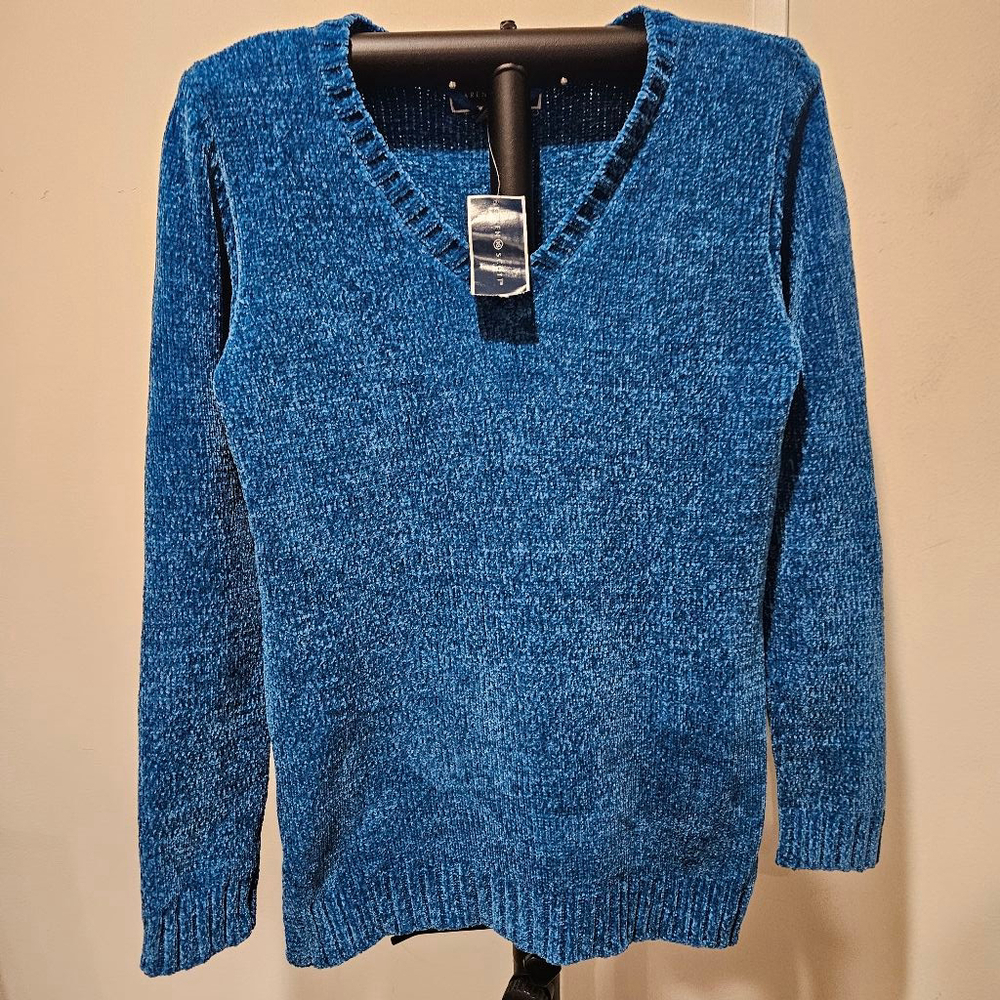 Karen Scott NWT Women's Turquoise Chenille Knit V-Neck Sweater XS - Picture 4 of 7